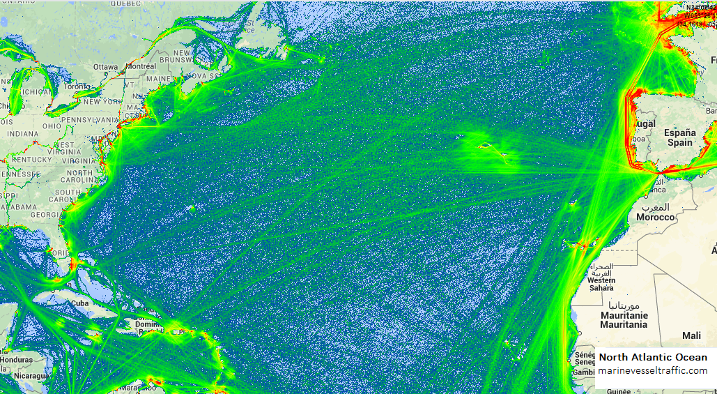 Live Marine Traffic, Density Map and Current Position of ships in NORTH ATLANTIC OCEAN